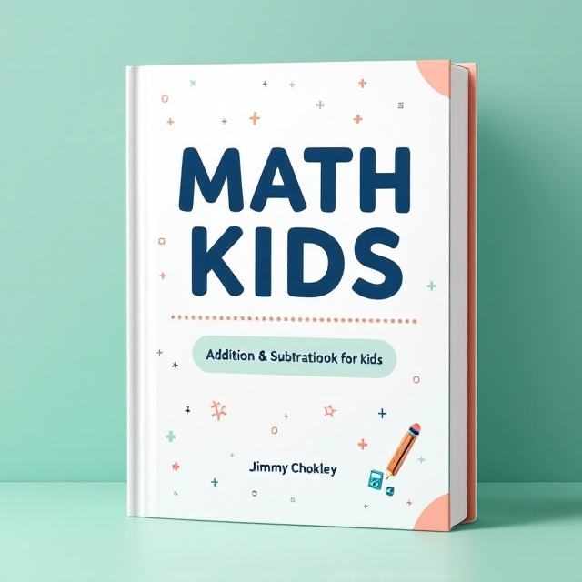 Soft mint green gradient background (#A3E4DB) transitions smoothly into a light white corner. Scattered, light grey, minimal math icons (e.g., small plus/minus signs) are subtly displayed near the edges for a casual educational flair. At the center, "MATH" grabs attention in bold navy blue with "KIDS" directly below in a warm, soft coral (#FF8C42). The title sits on a thin dotted horizontal line leading the eye toward the subtitle "Addition & Subtraction Workbook for kids" in clean, thin sans-serif font. A small, flat illustration of a pencil and mini calculator sits at the bottom right for balance.