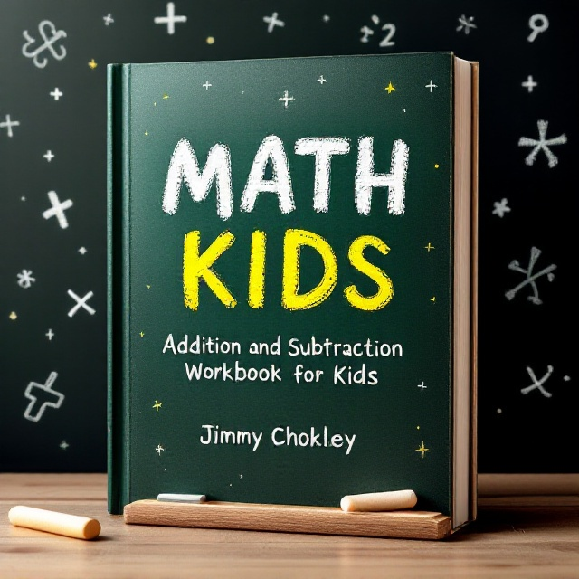 The cover background features a deep green chalkboard texture, enriched with subtle chalk smudges for added realism. White, hand-drawn math symbols, including plus signs, minus signs, numbers, and tiny stars, create a textured decorative backdrop. A faint wooden border frames the cover to mimic a classroom blackboard. In the bottom corner, a small piece of chalk is placed to emphasize the theme. The clean and neat design strikes a nostalgic yet professional tone suitable for children’s educational material.