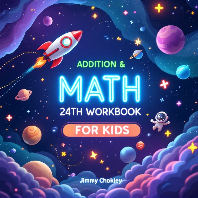 A vibrant, star-filled space background is created with a deep space navy blue gradient transitioning to a soft purple hue. Swirling nebulas blend with faint galaxies and glowing dots as stars illuminate the background. A friendly, cartoonish rocket ship with vibrant colors (red and white) soars diagonally from the bottom left corner with a dotted stardust trail curving toward the center. Cartoonish planets with rings and craters are placed around the perimeter, with floating glowing math symbols (plus, minus, equals, numbers) providing a sense of orbit. A cute astronaut icon waving is floating to the right. The title is bold and centered, glowing prominently among the cosmic visuals. A comet trail intersects the title for extra dynamism.