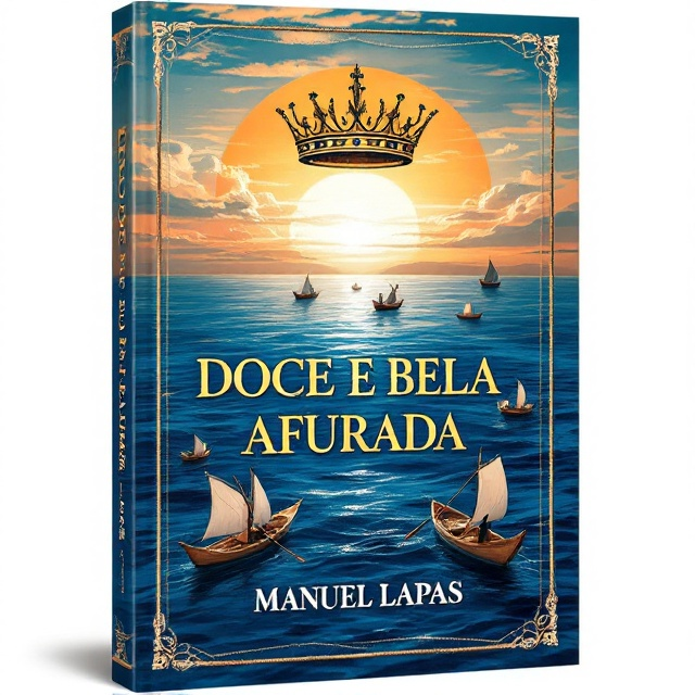 A majestic, stylized crown occupies the upper center of the cover, overlapping a serene backdrop of the blue sea. Below the crown, small traditional fishing boats with their sails open are scattered, each holding fishermen with oars in hand, evoking a sense of timeless toil. Ropes, resembling intricate borders, frame the entire design, while subtle net textures overlay the corners. The sunset creates a gradient effect from soft orange to deep blue over the horizon.