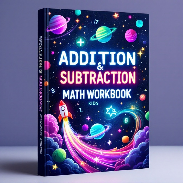 A vivid and whimsical galaxy scene with a rocket ship soaring diagonally upward extends from the bottom left corner to the middle right, leaving a sparkling trail of neon particles behind. Surrounding the rocket are colorful planets showcasing various hues of purple, green, and orange, while numbers, math symbols (+, -, =) and twinkling stars gently float in the space. Bright swirling nebulas and comet trails spill across the background, enhancing the sense of adventure. The entire cover is set against a rich deep space navy blue (#0B3D91) background with glowing effects that bring the elements to life.