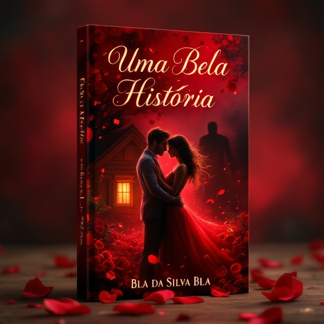 A vivid red background with a fiery glow at the edges, symbolizing passion and desire. The central focus is on a couple embracing passionately, their bodies surrounded by swirling rose petals and subtle flames. The couple’s figure is detailed with soft, romantic lighting, emphasizing their connection. In the backdrop, a wooden house is faintly visible, with a dimly-lit window. Behind the house, a dark, shadowy figure looms menacingly, almost blended into the smoky background to signify danger and the forbidden. The petals and flames blend seamlessly to give a dynamic sense of motion and drama.
