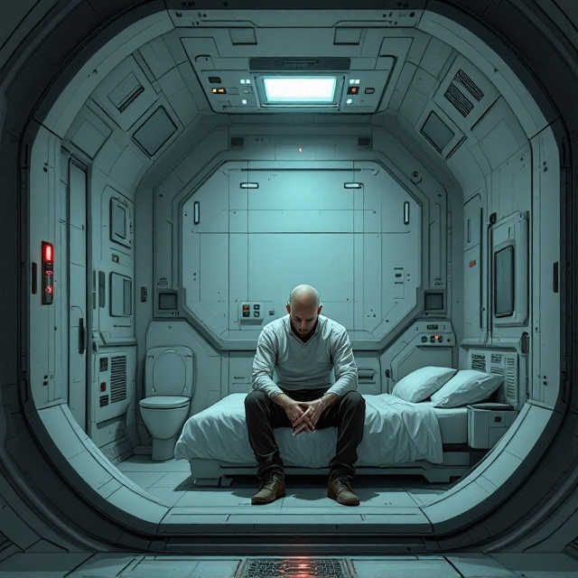 The background depicts the futuristic interior of a pod, rendered in a muted grayscale with subtle accents of blues and greens to convey a sterile, high-tech environment. The small, cramped pod contains a single bed, a minuscule shower stall, and a compact toilet in the corner. The focus is on a forlorn 40-year-old man sitting on the edge of the bed, his posture slouched and expression blank, amplifying a sense of mystery and despair. A faint, glowing red light blinks on his forehead, positioned visually to draw immediate attention. The walls of the pod are filled with barely visible control panels and soft glowing interfaces, emphasizing the science fiction aspect. The illustration style is highly detailed yet muted, blending fantastical elements with realism. Shadows are cast across the pod to evoke an ominous and suspenseful mood.