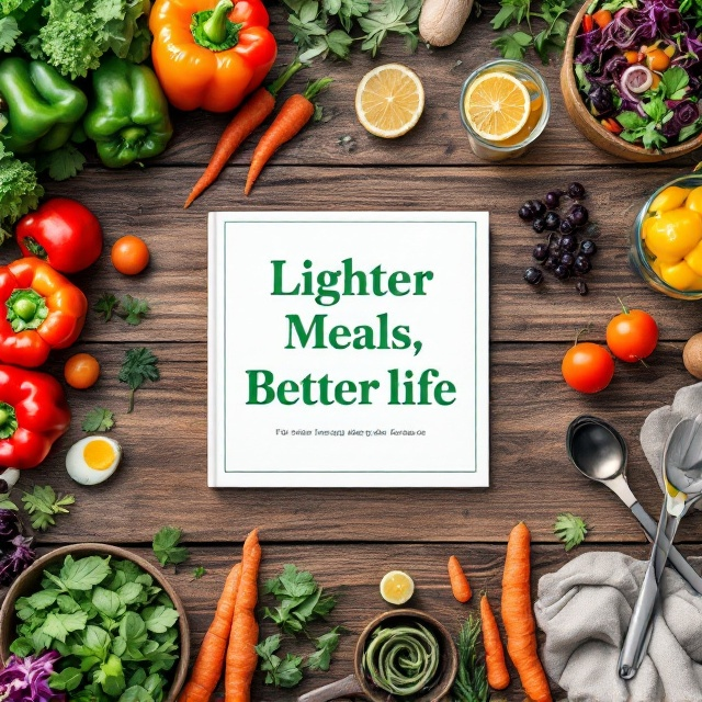 A top-down view of a rustic wooden table, styled with an assortment of brightly colored fresh vegetables (like bell peppers, carrots, and leafy greens) and healthy dishes, such as a vibrant salad bowl and a glass of fruit-infused water. To one side of the table, modern kitchen tools like a sleek salad tongs or a spiralizer are subtly placed. The natural textures of the wood and food are highlighted with soft, diffused lighting to create a warm, inviting feeling. In the center of the composition, the book title is strategically positioned in light green text, framed by a subtle white border.