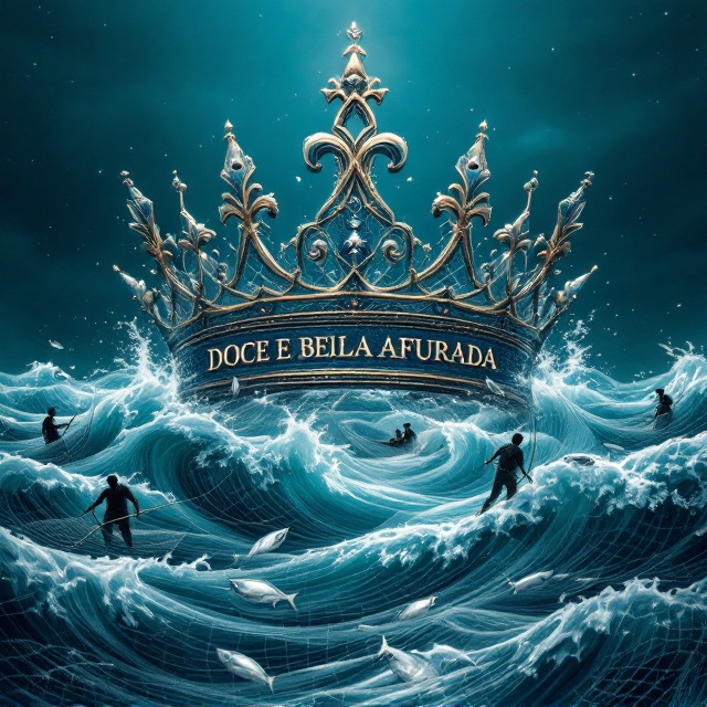 A crowned queen's crown is formed using fishing nets, with small boats and oars interwoven within the mesh of the crown. At the crown’s base, flowing waves reveal fishermen hauling their nets, with silver fish shimmering amidst the netting and an expansive horizon in the backdrop. The primary color scheme is rich oceanic blue with hints of silvery white and muted earthy tones to highlight the fishing and regal elements.