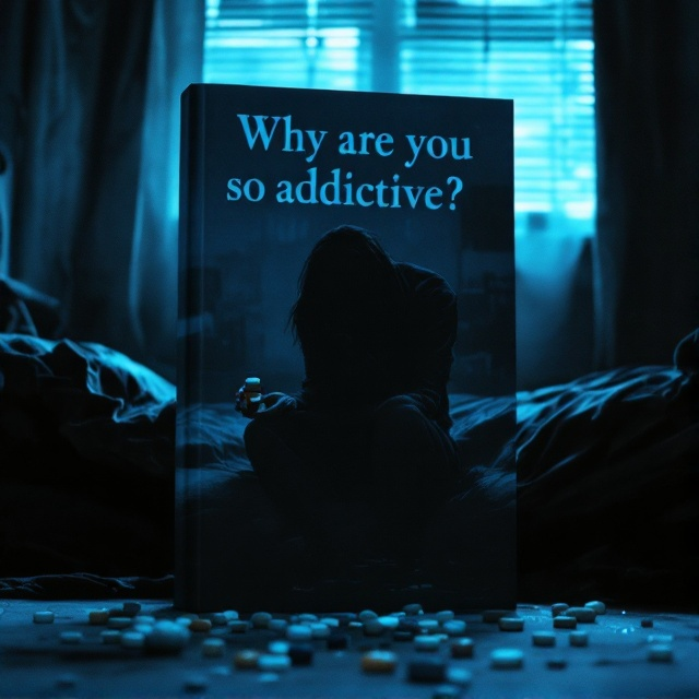 A shadowy room with streaks of muted blue light seeping through tattered blinds. In the foreground, a figure with slouched shoulders sits on the edge of a worn-out bed, holding a small bottle of pills in trembling hands. Scattered pills dot the floor beneath them, faintly illuminated by the dim blue glow. The atmosphere is heavy, with blurry and textured effects to reinforce the mood of despair and isolation.