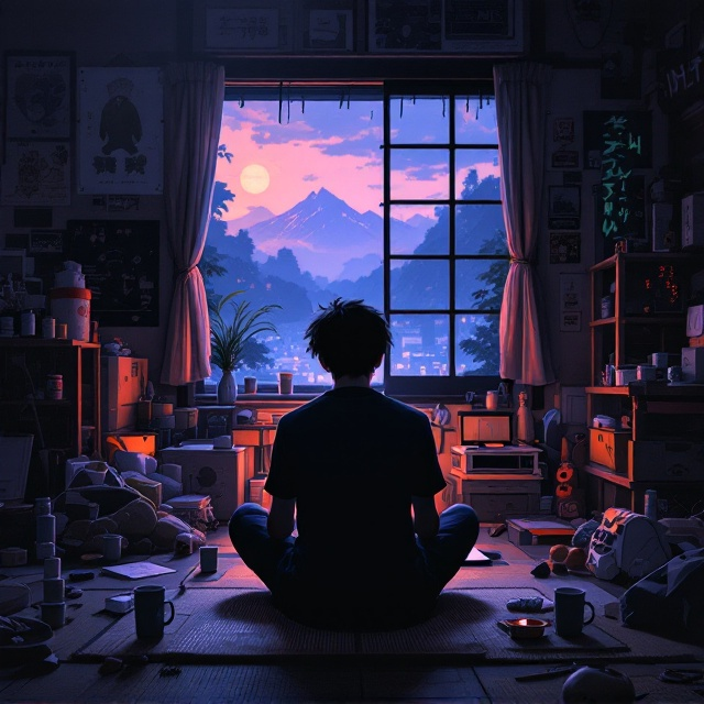 The cover portrays a dimly lit six-tatami Japanese room drenched in the warm but eerie hues of twilight. The lone window casts dusky light into the room, illuminating an overwhelming clutter—discarded empty coffee cans, anime figurines, and posters lining the walls. A young male character, seated cross-legged on the floor, stares blankly at a glowing laptop screen that bathes his face in an almost dreamlike glow. The shadows in the room create a claustrophobic, isolating atmosphere. The background fades into abstract darkness near the edges, enhancing the sense of paranoia and dread.