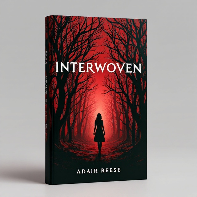 A dramatic forest scene dominates the background, with intertwining black threads coursing like veins through a dense, skeletal forest of withered trees. The foreground features the silhouette of a lone woman standing slightly off-center, her body partly entangled in the black threads as though they’re pulling her in. The blood-red background creates a sharp contrast of desperation and foreboding, with faint streams of light breaking through the gaps in the forest canopy, representing a shimmer of hope amidst the overwhelming darkness.