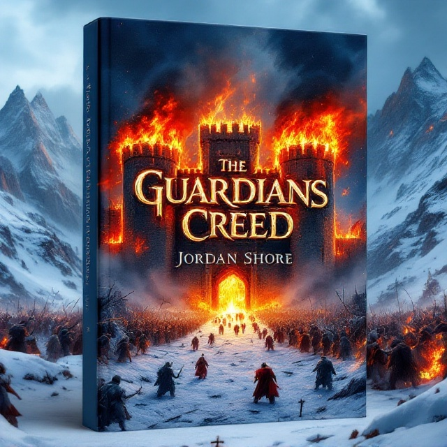 A snow-covered valley stretched wide across the bottom of the cover, with jagged, towering mountains dominating the upper background. In the central focus is a massive medieval castle engulfed in bright, searing flames, black smoke billowing up into the cold blue sky. Surrounding the castle, a medieval army is attacking, with soldiers and massive war mammoths advancing toward the gates. Scattered weapons lie on the snow, creating tension and hints of chaos. The dramatic light from the fire reflects on the snowy foreground, adding contrast and intensity.