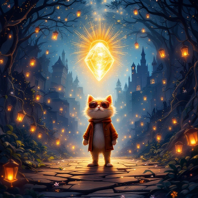 The cover features Professor Pinefoot at the center, standing at the boundary between two distinct halves of the split city. On the left, the vibrant, cheerful light side brims with glowing lanterns, colorful stardust, fireflies dancing in the air, and cheerful villagers in the distance. On the right, the twisted and shadowy dark side looms, with eerie snuffed-out lanterns, crooked buildings, and long, moody shadows. The Solar Stone floats above Professor Pinefoot’s paw, shining with a radiant golden light, creating a magical glow that bridges the two realms and casts soft reflections on his round sunglasses. Vines with tiny glowing lanterns curl around the bottom edges of the scene, while stardust subtly swirls in the night sky overhead, leading the viewer’s eyes to a distant silhouette of a mystical castle. Whimsical glowing runes faintly mark the edges of the scene, hinting at hidden magic.