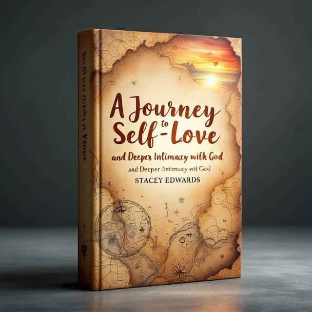 A textured, worn-out map with a sepia-toned background. The map features intricately drawn pathways, compass symbols, and faint landmarks (such as a heart shape and a cross) subtly mixed into the design to signify "self-love" and "intimacy with God." The top right has a watercolor horizon with vibrant hues transitioning from sunset to sunrise, symbolizing hope and faith. A faint glow radiates from the center of the map as though light is breaking through, emphasizing determination and trust.