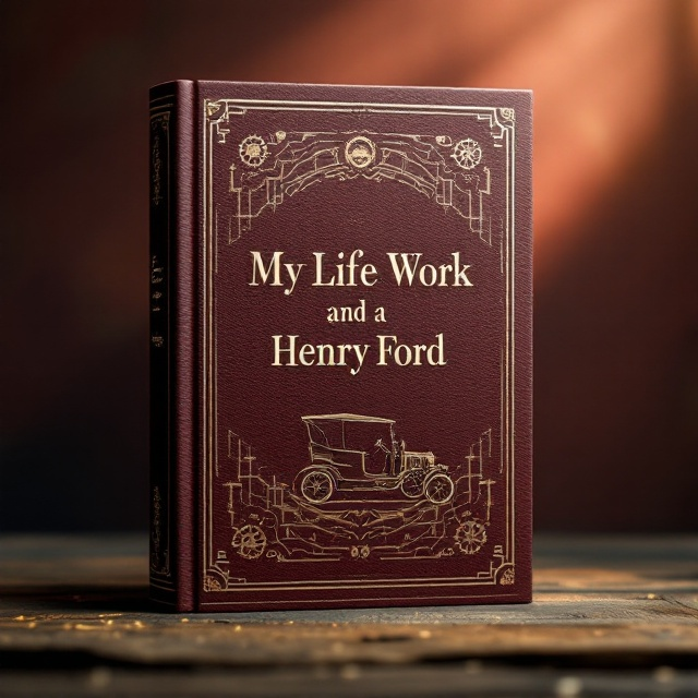 A vintage wine-colored background with a subtle textured pattern resembling aged leather. The centerpiece features an elegant, embossed silhouette of a Model T car, symbolizing Henry Ford’s legacy, with faint gears and mechanical motifs in the background. To evoke a personal and reflective tone, a soft beam of light shines from the top-left corner, casting a gradient over the title and author's name.