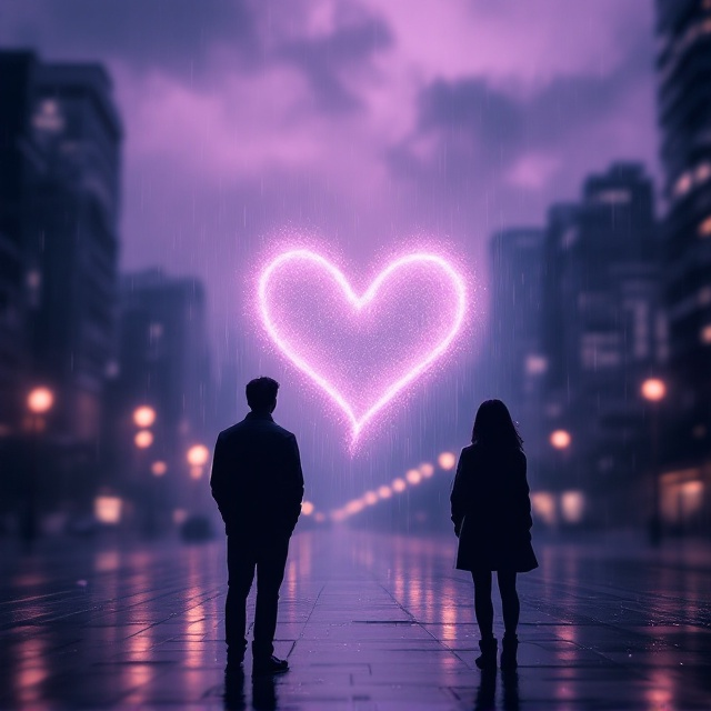Two people stand apart on opposite ends of a city street under a cloudy, rain-soaked purple-blue sky. Each figure is slightly blurred as if to represent fading memories. The cityscape in the background features tall buildings with soft, glowing lights. A semi-transparent heart shape is subtly formed by the rain droplets in the center of the cover, connecting the two figures in silhouette. Floating clouds linger above them, creating a mix of sadness and nostalgia.