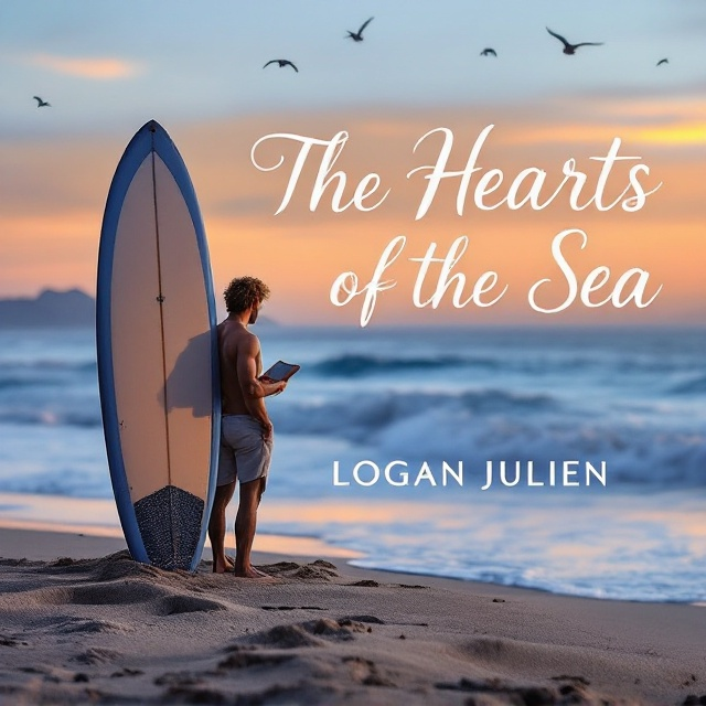 A serene, twilight beach scene stretches across the cover. In the foreground, a surfboard with sand dusted over its bottom edge is propped upright in the sand. Silhouetted against an orange-pink horizon blending into a deep blue ocean, two male figures stand close together, their outlines softly touching — one with tousled blond hair holding the surfboard, the other with a slightly messy brunette hairstyle holding a book. Soft waves lap gently at the edges of the beach, while faintly in the background, seabirds dot the sky, accentuating coastal life.