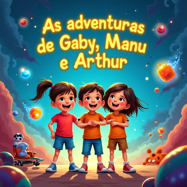 Three children (two girls and one boy) are illustrated in a vibrant fantasy art style. They are standing on a lively, dream-like backdrop with elements like glowing skate wheels (patins), floating game controllers (videogame), colorful oversized batteries (pilhas/bateria), and a comical, angry dog that appears almost magical with a slight glow around it. The kids are laughing, holding on to each other as though they've just escaped from one of their hilarious adventures. The background features swirls of blue, red, and yellow hues, giving an impression of a whimsical and energetic world.