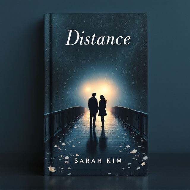 A distant silhouette of two lovers standing apart on a foggy, desolate, and dimly lit bridge at night. The bridge fades into the background, with streaks of light rain cascading down as if from a memory. One figure seems to look at the other from afar, capturing the heavy emotion of sorrow and regret. Delicate white flower petals (symbolizing fragility and hope) drift across the lower edge of the cover, transitioning to a subtle sunrise glow in the far right corner to evoke optimism.