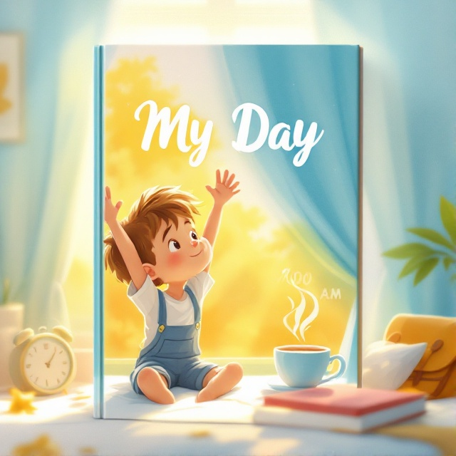 A bright and airy illustration of a young boy stretching toward the sunlight pouring in through a window. The scene showcases morning elements like a cup of steaming cocoa, a clock reading 700 AM, and a school bag resting against his bed. The background features soft pastel hues of yellow and blue, evoking a calm morning atmosphere.