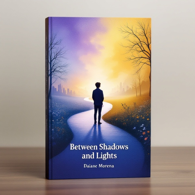 A central silhouette of a young person stands on a gently curved path that divides the cover into two contrasting halves. On the left, deep blue and purple tones dominate, with barren trees and faint outlines of a cityscape in shadows. On the right, warm gold and soft orange hues emerge, with blooming flowers, gentle rays of light, and a serene natural field. The division between light and shadow has fluid, wavelike lines, symbolizing emotional transformation. Partially visible abstract emotional lines flow from the figure, adding depth and movement.