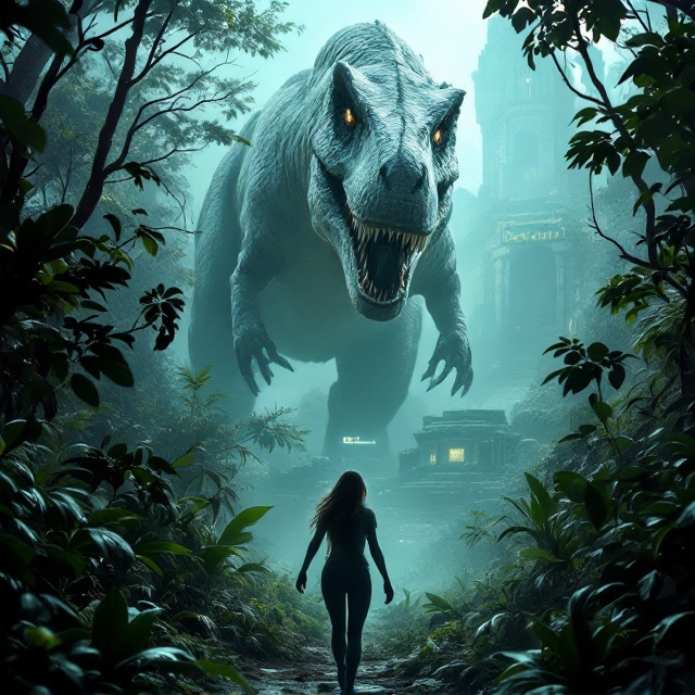 A towering white Tyrannosaurus with faintly glowing eyes dominates the top half of the cover, its massive shadow extending over the dense jungle below. In the foreground, the perspective is from behind the T-Rex, giving a sense of scale and grandeur. Below, Katelynn, rendered in meticulous detail, cautiously moves through the thicket, her silhouette sharp against the dim green hues of the jungle. The faint "Detected" warning hovers above her in a translucent, game-themed font. In the distant, misty background, hints of an ancient dwarven ruin are visible, their monumental arches and crumbled statues adding mystery and allure.