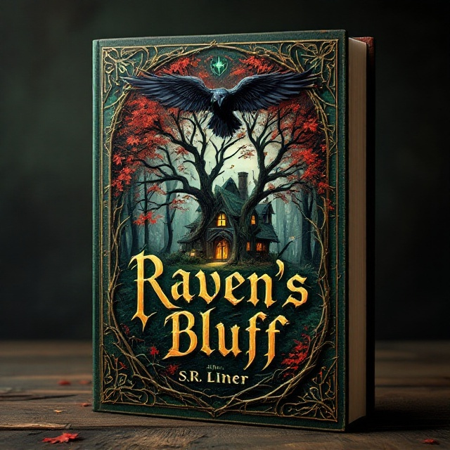 The book cover features an ancient, weathered leather texture in deep emerald green as the background. In the center is a vividly detailed illustration of a magical cottage nestled under the vast canopy of a crimson-tinged maple tree. The tree’s branches seem to stretch outward, almost becoming part of the textured Gothic-style border. The border itself resembles twisted, thorny vines and tree trunks, with druidic runes etched delicately into its design. Centered at the top of the border is a menacing raven icon, its outstretched wings almost blending into the surrounding border, with glowing, ominous emerald eyes. The forest surrounding the cottage subtly fades into darkness, adding an aura of mystery and intrigue.
