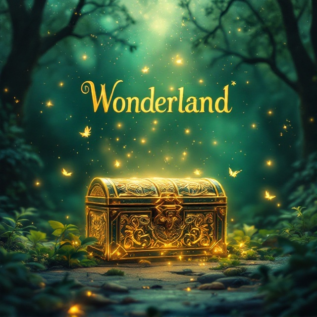 A fantastical green forest scene covers the background, blending soft shades of emerald, jade, and moss green. A glowing chest-like treasure box with intricate gold and silver carvings sits slightly off-center in the foreground, emitting ethereal rays of light. Surrounding the chest are whimsical, floating magical elements – glowing fireflies, faint sparkles, and shadowy outlines of imaginary creatures such as fairies and small dragons. The upper part of the cover features an otherworldly sky, swirling with hints of starlight and abstract shapes, giving it a surreal, dreamy mood.