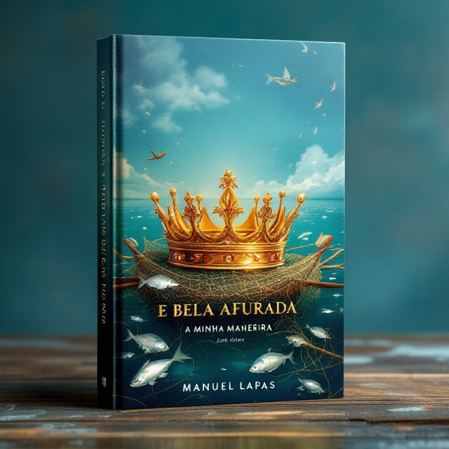 A vivid illustration of a golden queen's crown sitting atop a fishing net, delicately interwoven with iconic elements of Afurada life—half-submerged wooden fishing boats, rustic oars crossing in the background, glistening silver fish scattered across the scene, and intricate details of fishing lines. The backdrop fades into a gradient of deep ocean blue, mimicking the calm yet powerful waters of the "azul mar," while soft clouds faintly linger at the top, evoking a wistful sense of saudades.