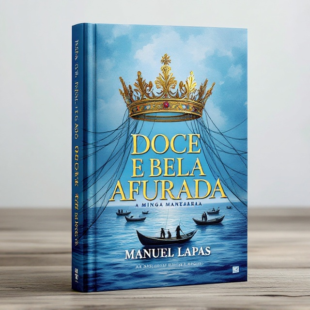 The cover depicts a golden queen’s crown at the center, intricately adorned with fishing nets flowing gracefully from its edges like regal drapery. At the bottom of the crown, a fleet of traditional fishing boats drifts over gentle blue watercolor waves. Silhouettes of fishermen hauling nets reflect their hard work and legacy. The sky above the scene is a gradient of lighter shades of blue, evoking a serene maritime ambiance.