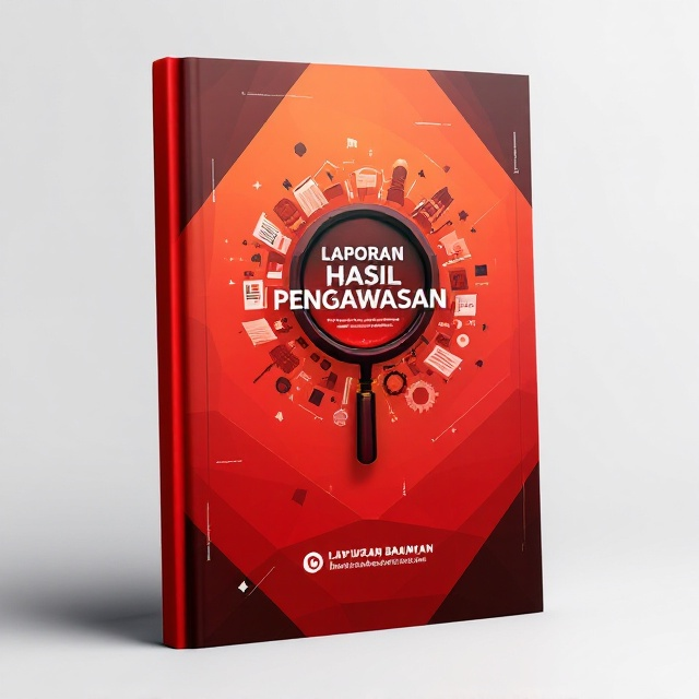 A dynamic cover featuring a bold red-orange gradient background. A central motif of a magnifying glass or binoculars symbolizing "pengawasan" (monitoring/surveillance). The magnifying glass reveals intricate corporate elements like graphs, gears, and documents subtly embedded into the background. The design includes angular geometric accents in darker shades of red-orange to convey a professional and structured feel.