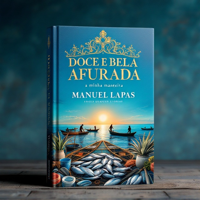 A vivid scene of a serene blue ocean with traditional fishing boats prominently placed in the foreground. The centerpiece is a delicate yet bold crown of a queen composed of fishing nets, subtly intertwined with silver and gold hues. Surrounding the crown are artistic details of fishing tools like oars, buckets, and fresh fish artfully arranged. The silhouette of fishermen working against a setting sun adds a nostalgic and epic tone to the composition, representing the glorious heritage of Afurada. The background blends soft gradients of azure and deep sea blue tones.