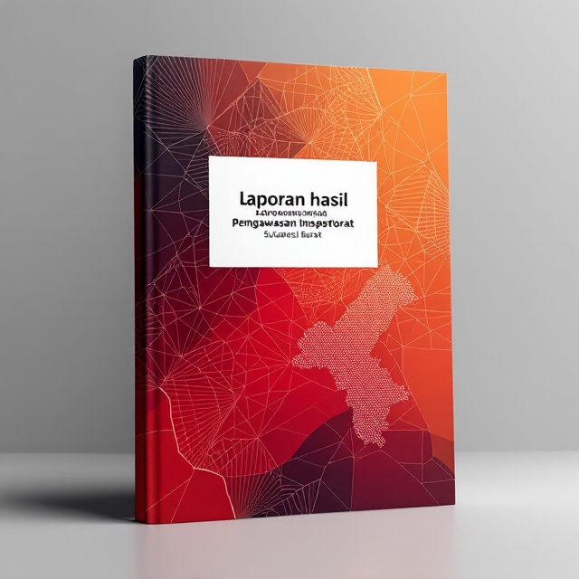The cover showcases a minimalist yet modern composition featuring a geometric pattern in the shape of interconnected hexagons symbolizing integrity and oversight. The background is a vibrant gradient blend of red, orange, and white, representing dynamism and transparency. A subtle, watermarked map outline of Sulawesi Barat overlays the design, giving a localized and professional detailing tone. The central focus is a bold and sleek title in the upper middle section, emphasized by a clean white box background for contrast.