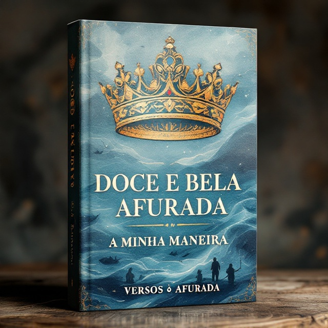 A rich, detailed centerpiece of a golden crown shaped as a fishing net, adorned with small etched depictions of fishing boats, fish, and traditional Portuguese fishing icons like oars and baskets. The background is an evocative watercolor blend of ocean blue hues with hints of white sea foam patterns. In the lower half of the cover, faint silhouettes of fishermen and "varinas" (Portuguese fish sellers in traditional attire) are set against the backdrop of the sea.