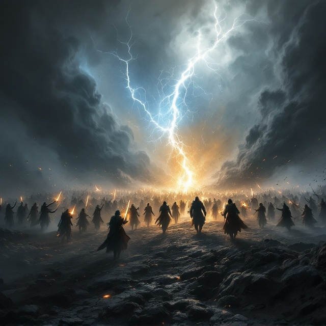 The cover features a panoramic view of a chaotic battlefield, cloaked in a dense, dark gray ashen haze. On the left, a group of battle-worn warriors brandishing glowing swords charge towards an enemy faction barely visible on the right—silhouetted figures illuminated only by faint, war-torn glimmers of light. The center of the battlefield serves as the focal point where magical energy erupts violently, sending jagged streaks of light—blue and gold—across the smoky air. In the sky above, ominous swirling clouds lightning with faint streaks that emphasize the tempestuous atmosphere. The ash and war debris rise up into the air, creating a grim and gritty texture across the scene. The book's title “Ash and Mana” is embedded in the smoky haze, glowing faintly as if charged with magical power.