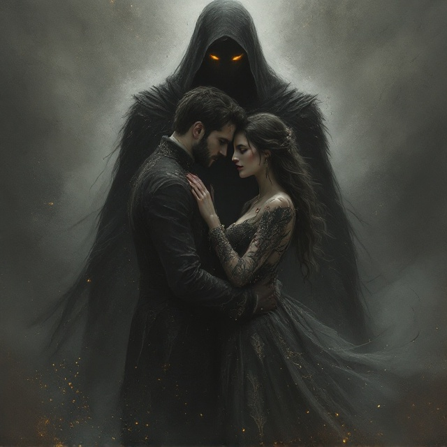 A gothic-style illustration in muted charcoal tones with touches of gold highlighting intricate details. The man and woman are positioned in the center in an intimate, melancholic embrace. Their ornate clothing is subtly blood-splattered, giving the scene a dark, haunting tone. Behind them looms the faint silhouette of a shadowy figure with piercing, glowing golden eyes—part menacing, part protective. The scene is set against a textured, stormy backdrop with faint swirls of smoke and abstract shapes, adding depth and mystery.