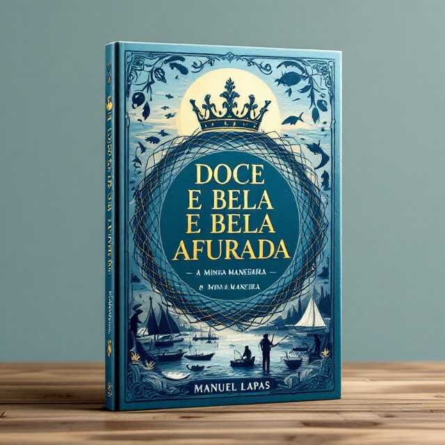 A striking image of a queen’s crown encircled by a fishing net, symbolizing the connection to Afurada and its fishing heritage. The crown sits prominently in the upper third of the cover. Background features a soft gradient of "azul mar," fading from deep ocean blue at the top to lighter tones at the bottom, evoking a maritime essence. Surrounding the crown and net, elements such as fishing tools, fish, boats, and silhouettes of fishermen and fish-sellers are subtly sketched, encasing the design in a nostalgic yet regal frame.