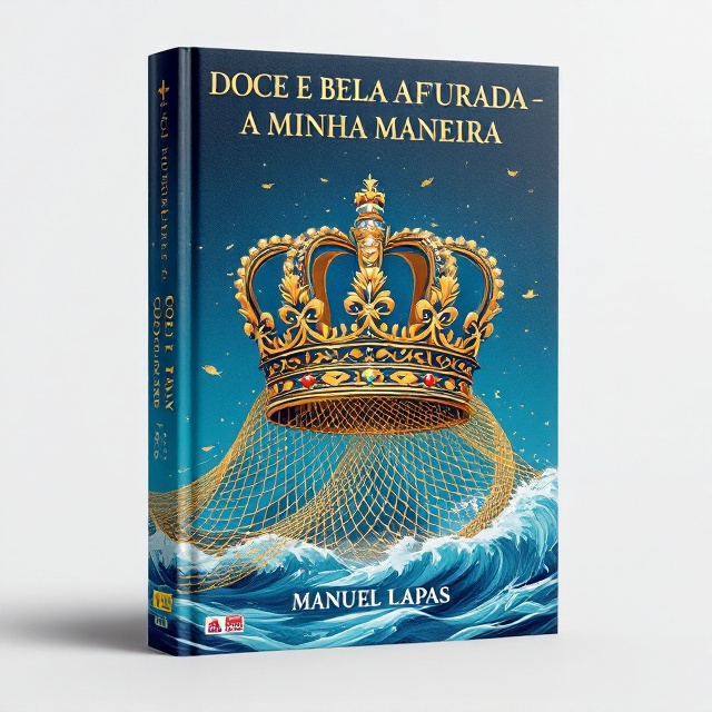 A majestic crown resembling a queen's, with intricate detailing, placed at the center of the cover. The crown is partially entwined with a delicate but prominent fishing net, symbolizing the union of regality and tradition. Surrounding the crown and net are subtle yet vivid illustrations of fishermen, fishwives (peixeiras/varinas), and traditional fishing boats, highlighted with a soft, painterly effect. The background transitions from rich marine blue at the top to a lighter seafoam blue at the bottom, reminiscent of the tides. Tiny accents like fish and anchor motifs are scattered discreetly in the background.