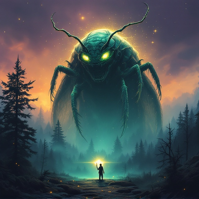 The cover features a giant, shadowy ghost-like cockroach towering over a misty, enchanted forest. The cockroach glows with a magical aura of golden and emerald light, evoking a sense of mystery and adventure. At the bottom of the cover, a lone human figure stands, looking defiant while holding a glowing staff. The background sky transitions from deep purple to fiery orange, adding an otherworldly charm. Fine magical sparkles are scattered throughout the cover, heightening the surreal element.