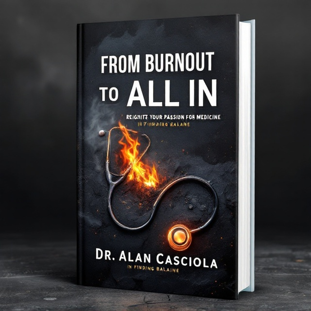 A smoldering stethoscope rests center-stage on a blackened, ash-gray background, with subtle glowing embers radiating from it. The stethoscope is half-burnt, signifying burnout, with a faint yet visible resurgence of glowing vibrant flames at one end, representing hope. The embers give way to soft, warm lighting near the bottom to evoke renewal.