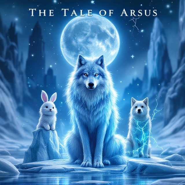 The cover showcases the Magical Ice Wolf in the center in an ethereal and majestic pose, with frosted fur gleaming under a shattered icy moon. To its left, the Magical Water Bunny is perched on a jagged icicle, with droplets of water suspended magically around it like pearls. To its right, the Magical Electricity Dog stands firm, tendrils of glowing electricity sparking from its paws, reflected on the melting ice floor. In the backdrop, the destroyed Ice Kingdom looms with fallen towers, shattered glaciers, and eerie blue mist casting a sense of magical ruin. The color palette features icy blues, shimmering whites, and flashes of gold and teal from the magical characters.