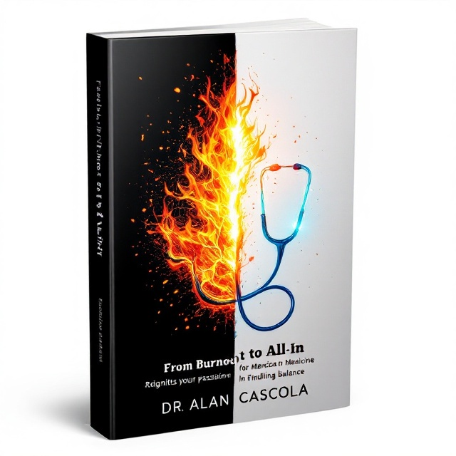 The cover is divided into two distinctive halves. The left side features a black, charred background with the silhouette of a medical stethoscope engulfed in dramatic flames, symbolizing burnout and struggle. The flames emit realistic orange and red hues. The right side is a sharp visual contrast, with a clean white background highlighting the other half of the stethoscope, appearing pristine, polished, and glowing faintly, symbolizing hope and renewal. The title’s word “Burnout” has a cracked, fiery design that integrates tones of ash and embers, while “All In” is illuminated with a glossy, upward gradient of hopeful blue and bright gold.