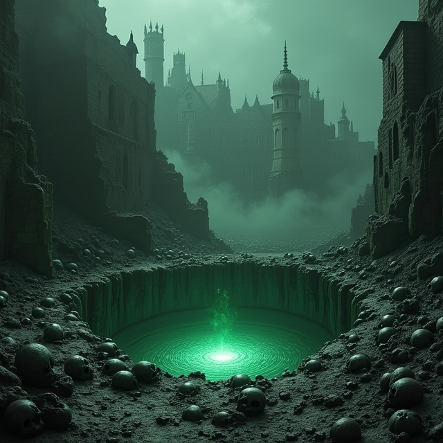A grim and harrowing depiction of a plague pit dominates the cover. In the foreground, shadowy, gaunt corpses are visible, partially illuminated by a faint, eerie green glow emanating from the depths of the pit. The surrounding environment is cloaked in mist and darkness, with subtle details of cracked earth and skeletal remains scattered throughout. In the background, faint outlines of a crumbling medieval village can be seen. The entire cover is tinted in muted tones of black, dark green, and ashen gray, with splashes of a deep, blood-red hue subtly blended into the scene.