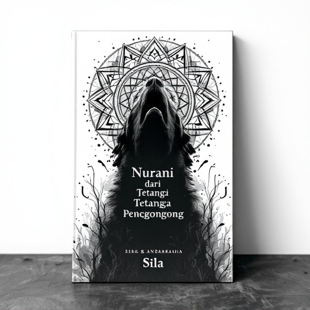 A black monochromatic illustration of a howling dog with geometric holy symbols of Islam, Hinduism, Christianity, and Buddhism subtly radiating above its head in an overlapping mandala-like halo. The dog’s barks emerge as stylized sound waves that distort and fade into the white background. The starkness of black against white creates a haunting, dissonant visual. The elements are centered, with faint dark shading near the edges of the book cover for a subtle dark ambiance.