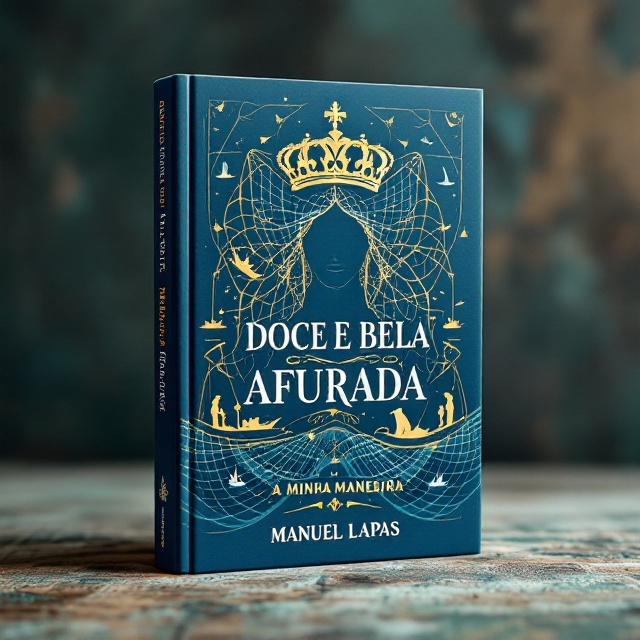 A majestic crown of a queen intricately weaves into fishing nets, symbolizing the noble heritage and strength of the Afurada people. Punctuating this central imagery are silhouette illustrations of fishing boats, fishermen, and vibrant fishwives or 'varinas', all set against a sea-blue background that evokes the essence of the ocean.