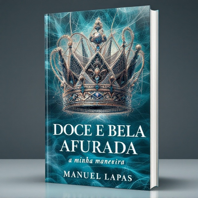 A majestic crown made of intricately woven fishing nets forms the centerpiece of the cover. Surrounding the crown are elements like fishermen casting their nets, fishwives selling fresh catch, and traditional fishing boats gently floating on a tranquil sea. The backdrop captures the essence of the sea with a gradient of deep and light azul mar, evoking a sense of history and the glorious past of Afurada.