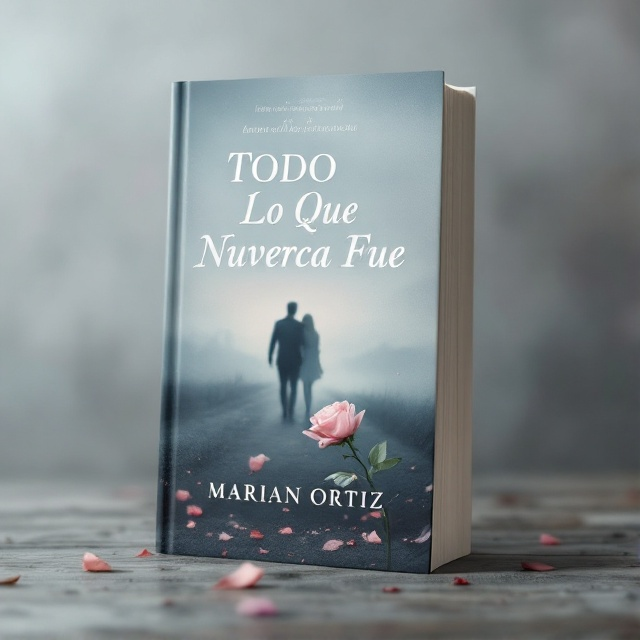 A solitary, delicate rose with petals falling, positioned towards the bottom of the cover, set against an overcast sky. A faded silhouette of a couple walking away from each other appears in the background, suggesting distance and separation. The color palette consists of muted blues and grays, with hints of soft pink and deep red from the rose.