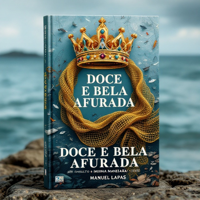 A majestic queen's crown is adorned with a textured fishing net that gracefully drapes over its sides, symbolizing the union of royalty and fishing heritage. Surrounding the crown are elements like fishing boats at sea, fishermen casting nets, and vibrant fish markets bustling with activity. The background features a tranquil sea with waves gently caressing the shoreline of Afurada.