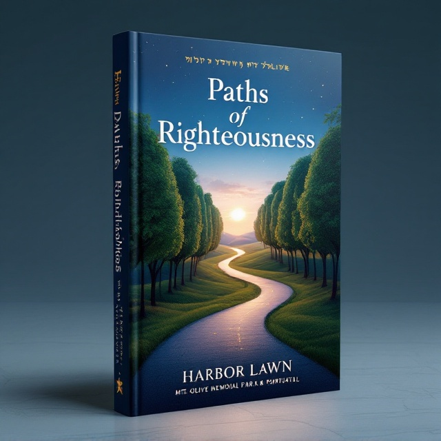 A serene pathway lined with lush, stylized trees leads the viewer's eye towards a subtle horizon. The path doubles as a Star of David wrapped gently around it. The background has a gentle gradient of blues fading into a hint of evening twilight, giving it a sense of tranquility and depth. The edges of the path are accentuated with softly glowing Hebrew letters as if blessing the path forward.