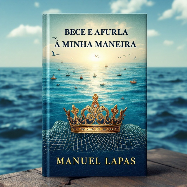 A vivid depiction of the sea, with a horizon line in the distance, dominating the backdrop in azul mar. The foreground features a queen's crown intricately entwined with a fishing net. Around the crown, subtle illustrations of traditional fishing elements like boats and fisherwomen can be seen. The upper part showcases small sailing ships and seagulls, suggesting a bustling fishing community.