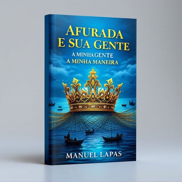 A majestic queen's crown intricately entwined with a detailed fishing net is showcased prominently at the center. Around it, subtle silhouettes of traditional fishing boats are illustrated in the background, casting an illusion of gentle waves. The radiant blue of the ocean envelops the entire cover, symbolizing the essence of Afurada. The crown, adorned in golden hues, contrasts beautifully with the azure tones, creating a sense of regal glory and historical depth.