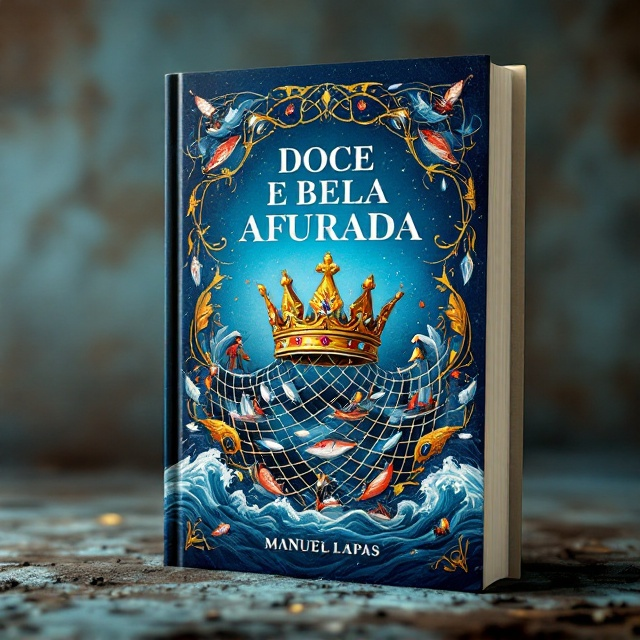 The cover features a vivid illustration of a crown delicately interwoven with a fishing net, creating a visual metaphor for the history and glory of Afurada. This central imagery is set against a majestic sea-blue backdrop, infused with subtle textures to evoke the waves of the ocean. Surrounding the crown and net are intricately detailed elements like fishing boats, fish vendors (varinas), and traditional fisherfolk, wrapped in a subtle circular frame that suggests unity and tradition.