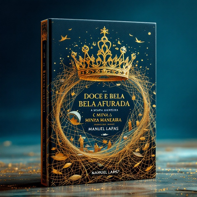 A majestic and intricate queen's crown made of shimmering gold threads surrounds an elaborate fishing net, which weaves itself into the form of the crown. Interspersed within the net are elements like fishing boats, fish, and the figures of fishermen and fish-women in traditional attire. The background is a gradient of deep sea blue, reminiscent of the ocean waves.